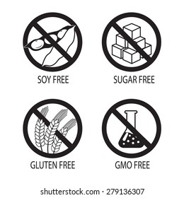 Healthy Food Symbols. Gluten Free. Sugar Free. GMO Free. Soy Free. Vector Silhouette On A White Background. Gluten Free Diet. Gluten Free Foods. Gluten Free Recipes. Sugar Free Diet. Sugar Free Food.
