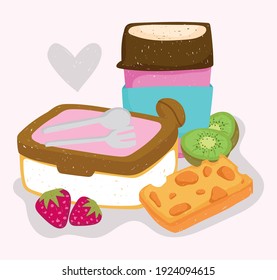 healthy food, takeaway coffee cup kit lunch cheese kiwi and strawberry vector illustration