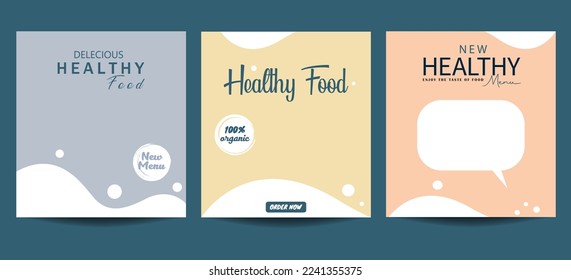 Diseños de plantillas de comida saludable para publicaciones de comida en medios sociales. Las plantillas de banners de comida orgánica son adecuadas para publicidad y promociones en medios sociales post restaurante.