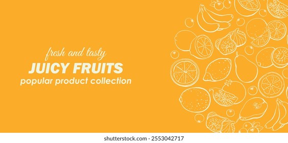 Healthy Food Template with Line Fruits on Orange Background. Vector Doodle Illustration Top View