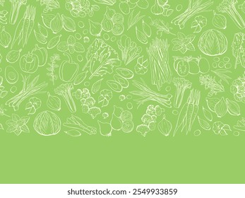 Healthy Food Template with Line Vegetables on Green Background. Vector Outline Illustration Top View