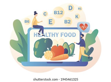 Healthy food - text on laptop screen. Nutritionist online. Tiny people consume healthy organic nutrition with vitamins. Modern flat cartoon style. Vector illustration on white background