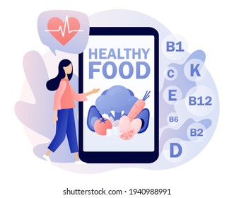Healthy food - text on smartphone screen. Tiny woman consume healthy organic nutrition with vitamins. Nutritionist online. Modern flat cartoon style. Vector illustration on white background