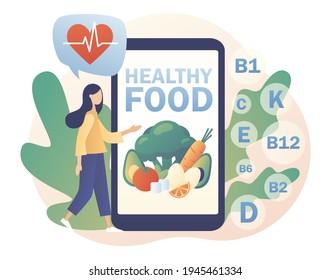 Healthy food - text on smartphone screen. Nutritionist online. Tiny woman consume healthy organic nutrition with vitamins. Modern flat cartoon style. Vector illustration on white background