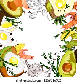 Healthy food top view frame. Market menu design, restaurant. Hand-drawn toasts with avocado and egg, shrimp, herbs and spices. Isolated on a white background, vector graphics eps 10
