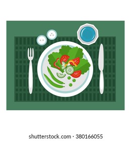 Healthy food. Top view, vector icons set, flat style. Vegetable, tomato, cucumber, knife, spoon, plate, fork, salad. 