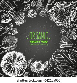 Healthy food top view vector illustration. Vegetarian collection. Organic food set.