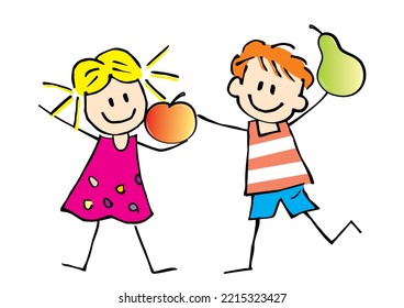 healthy food, two children with fruit, girl with apple, boy with pear, funny vector illustration