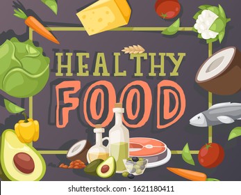 Healthy food typography poster, vector illustration. Cookbook cover, grocery store brochure, food market booklet cover. Organic ingredients for cooking healthy meal, recipes for lunch and dinner