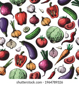 Healthy food vector background. Ink hand drawn vegetables sketch. Vintage seamless pattern with fresh vegetables isolated on white. Line art. Outlines