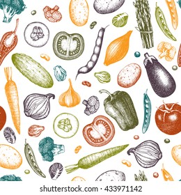 Healthy food vector background. Ink hand drawn vegetables sketch. Vintage seamless pattern with fresh vegetables isolated on white. Line art. Outlines.