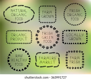 Healthy food vector badges. Natural organic food, fresh farm food, locally grown, farmers market. Typography labels set. Blurred background.