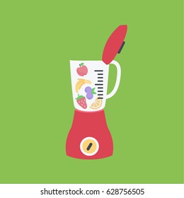 healthy food vector. food cartoon processor icon or kitchen blender isolated simple modern. many colorful  fruits in a mixer flat design style. apple, strawberry, blueberries, banana & orange or lemon