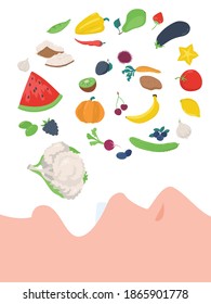 Gesunde Lebensmittel, Vektorkonzept, Nahaufnahme von Gemüse und Obst, die im menschlichen Mund essen