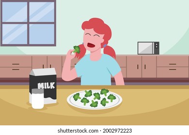 Healthy food vector concept: Female teenage eating fresh broccoli with a glass of milk while sitting at home 