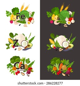 Healthy food vector concept with flat fruits, vegetables and herbs for your design. Healthy lifestyle or diet design element. Vector illustration of organic  food.