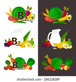 Healthy food vector concept with flat fruits, vegetables and herbs for your design. Healthy lifestyle or diet design element. Vector illustration of organic  food.