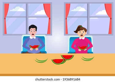 Healthy food vector concept: Young couple eating fresh watermelon together while sitting at home