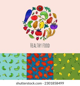 Healthy food vector emblem. Three fruits and vegtables seamless patterns. Concept of signboard local market  . Hand drawn  sketch. Healthy food or natural product logo illustration.