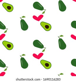Alimentos saludables. Vector plano Sombreado con aguacate y corazones para textiles, impresiones, prendas de vestir, manta, banner, tela, cocina, envoltura, desguace, embalaje, papel pintado, tarjeta