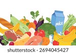 Healthy food vector in flat style. Supermarket products - milk, baguette, meat, fish, vegetables and fruits. Healthy low-calorie diet. Cartoon style.