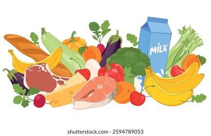 Healthy food vector in flat style. Supermarket products - milk, baguette, meat, fish, vegetables and fruits. Healthy low-calorie diet. Cardboard style.