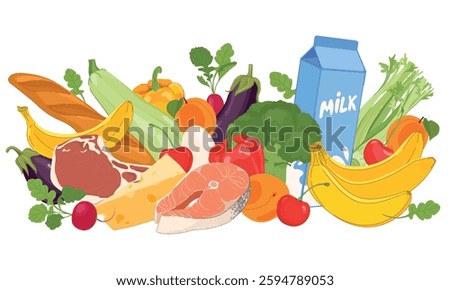 Healthy food vector in flat style. Supermarket products - milk, baguette, meat, fish, vegetables and fruits. Healthy low-calorie diet. Cardboard style.