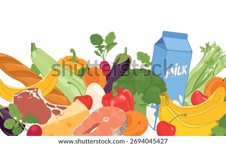 Healthy food vector in flat style. Supermarket products - milk, baguette, meat, fish, vegetables and fruits. Healthy low-calorie diet. Cartoon style.