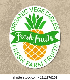 Healthy food vector green orange sticker.Kraft paper grungy background,fresh fruits lettering.Vegetarian,vegan,nature,detox,plant-based weight loss product concept.Organic farm vegetables inscription