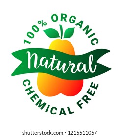 Healthy food vector green orange sticker.Natural lettering text.Vegetarian, vegan plant-based weight loss product concept.100 percent organic chemical free inscription