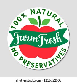 Healthy food vector green red sticker.Farm fresh handdrawn lettering.Organic,vegetarian,vegan,detox,plant based weight loss product concept.100 percent natural,no preservatives vegetables inscription