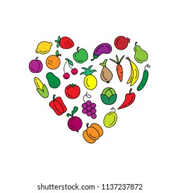 Healthy food vector icons. Fruits and vegetables icons. Love healthy food.