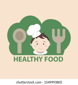 Healthy food vector illustration with cook, spoon, fork and broccoli. Eco food. 
Cook character. Template for banner poster, logo