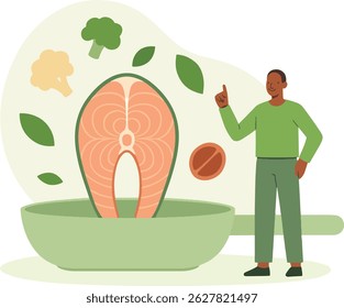 Healthy Food Vector Illustration with Fish and Broccoli