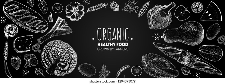 Healthy food vector illustration. Hand drawn sketch. Organic products set. Farm market food collection.