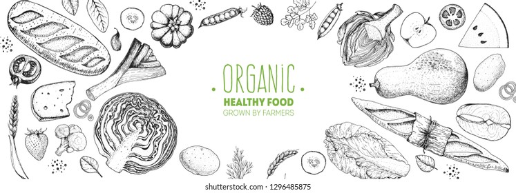 Healthy food vector illustration. Hand drawn sketch. Organic products set. Farm market food collection.