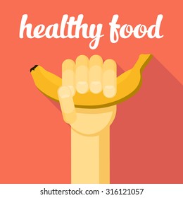 healthy food vector illustration, hand with banana, healthy Eating, fitness