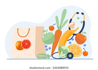 Healthy food vector illustration. Paper bag with fresh vegetables and fruit and stethoscope. National nutrition month, health concept