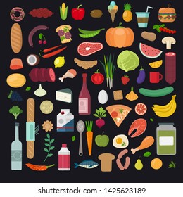 Healthy food vector illustration. Vegetables, fruits, meat in flat style. Organic food set. Good nutrition.