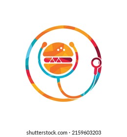 Healthy food vector logo design. Big burger with stethoscope icon logo design.	