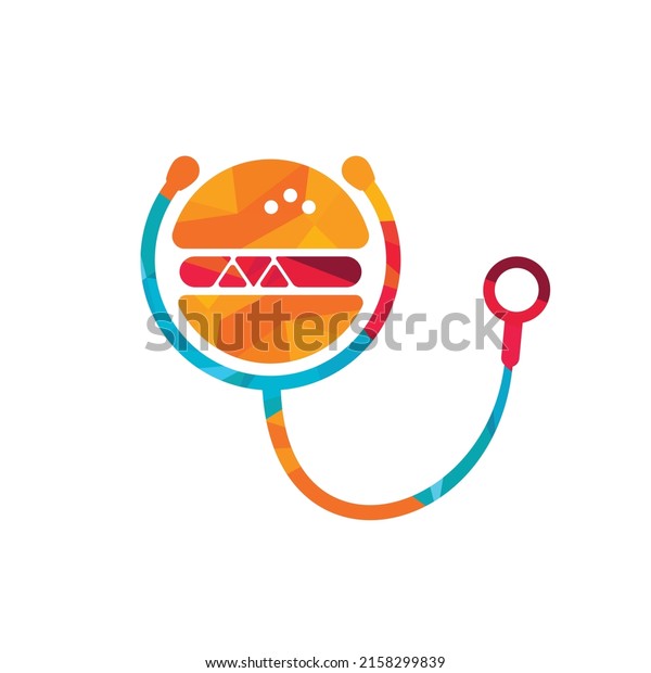 Healthy food vector logo design. Big burger\
with stethoscope icon logo\
design.	