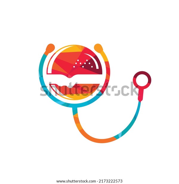 Healthy food vector logo design. Big burger with\
stethoscope icon logo\
design.