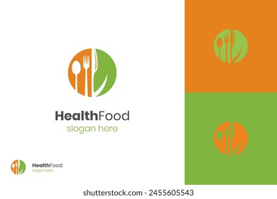 Healthy food vector logo template. Organic food vector logo design. Fork, spoon and leaves graphic shape