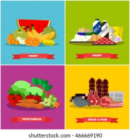 Healthy food vector poster in flat style design. Different groups of food products, bread, sweet, meat, milk, vegetables, fruits.