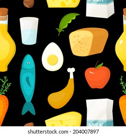 Healthy food vector seamless pattern with objects in flat style on dark background