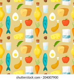 Healthy food vector seamless pattern with objects in flat style