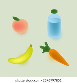 Healthy food vector set, apple banana carrot and water bottle