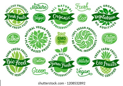 Healthy food vector sticker set.Bio,eco,green,farm fresh fruit,vegetarian,vegan,nature,detox lettering.All natural,no preservatives,animal ingredient,organic certified,plant-based product inscription