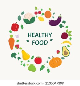 Healthy food vector template, background.  Round design, fruits and vegetables.