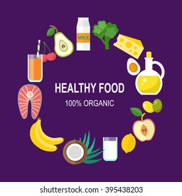 Healthy food vector template. Organic products concept. Flat style design, vector illustration